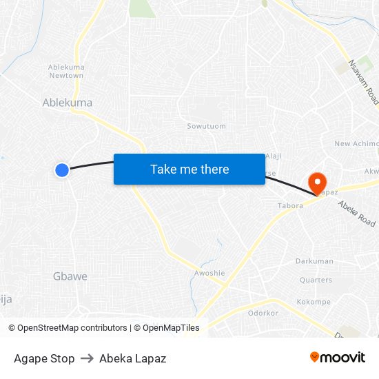 Agape Stop to Abeka Lapaz map