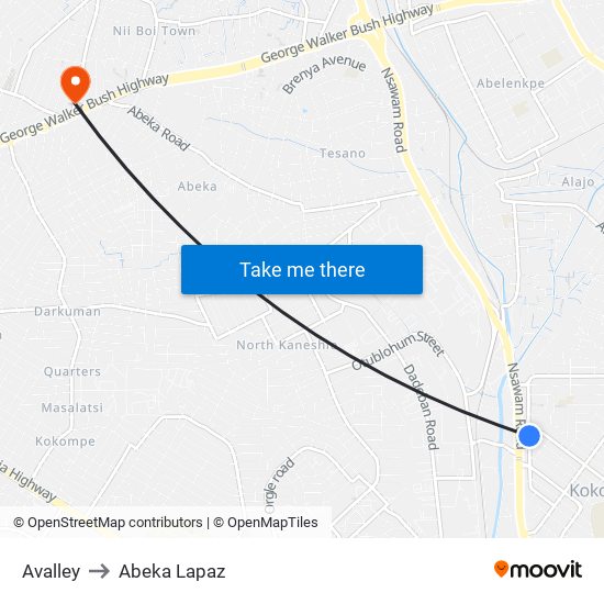 Avalley to Abeka Lapaz map