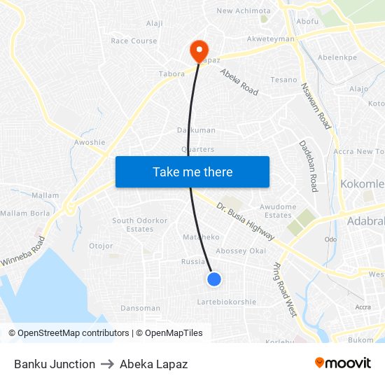 Banku Junction to Abeka Lapaz map