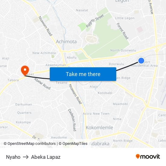 Nyaho to Abeka Lapaz map