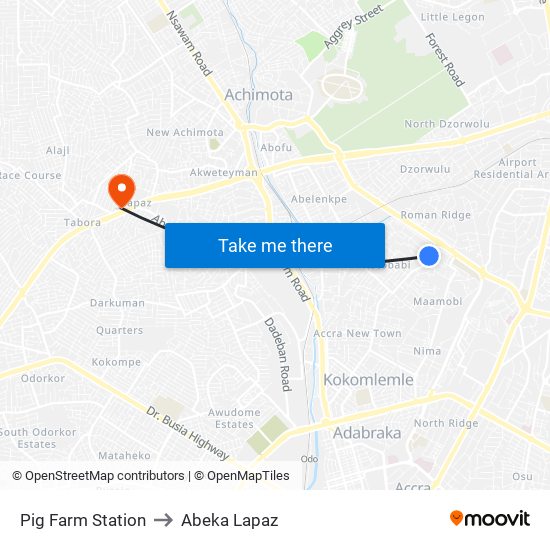 Pig Farm Station to Abeka Lapaz map