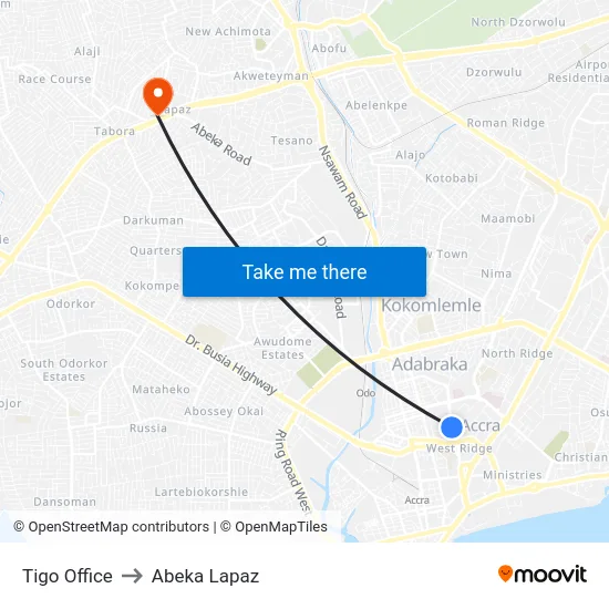Tigo Office to Abeka Lapaz map