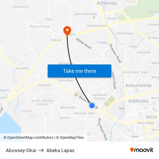 Abossey-Okai to Abeka Lapaz map