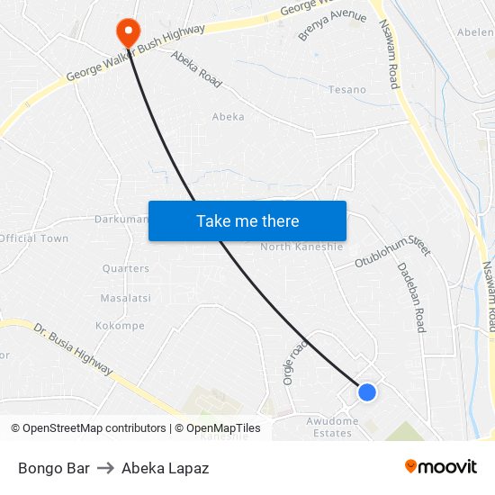 Bongo Bar to Abeka Lapaz map