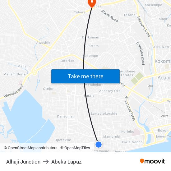 Alhaji Junction to Abeka Lapaz map