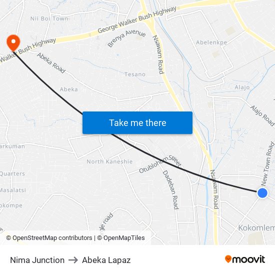 Nima Junction to Abeka Lapaz map