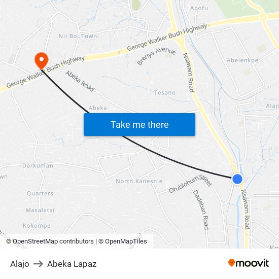 Alajo to Abeka Lapaz map