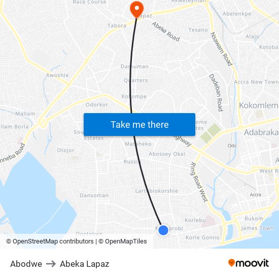 Abodwe to Abeka Lapaz map