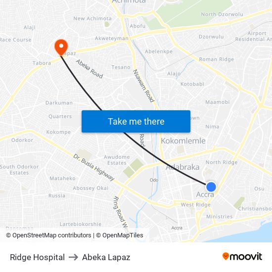 Ridge Hospital to Abeka Lapaz map