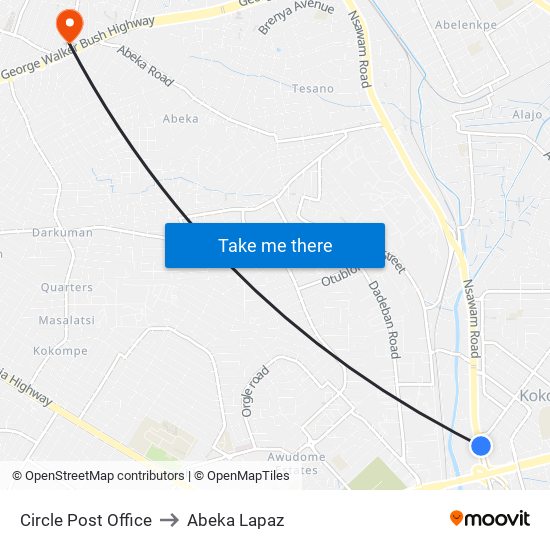 Circle Post Office to Abeka Lapaz map