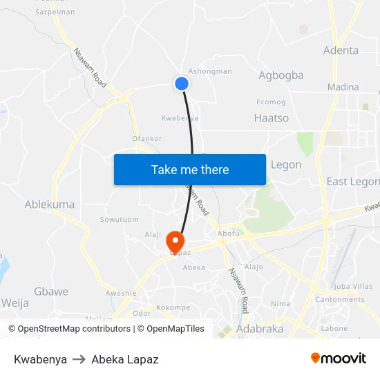 Kwabenya to Abeka Lapaz map