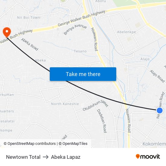 Newtown Total to Abeka Lapaz map
