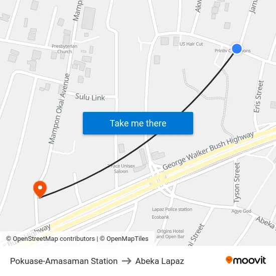 Pokuase-Amasaman Station to Abeka Lapaz map