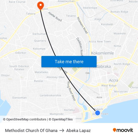 Methodist Church Of Ghana to Abeka Lapaz map