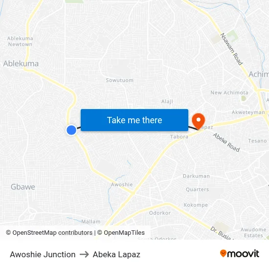 Awoshie Junction to Abeka Lapaz map
