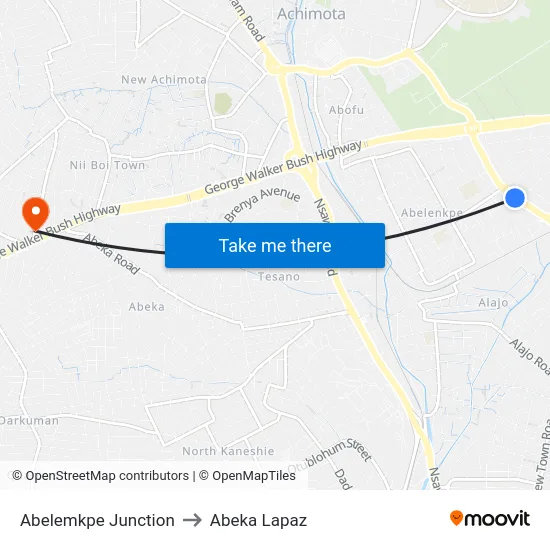 Abelemkpe Junction to Abeka Lapaz map