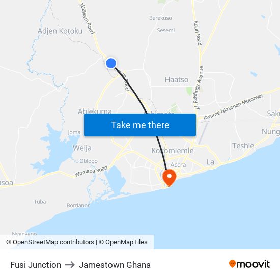 Fusi Junction to Jamestown Ghana map