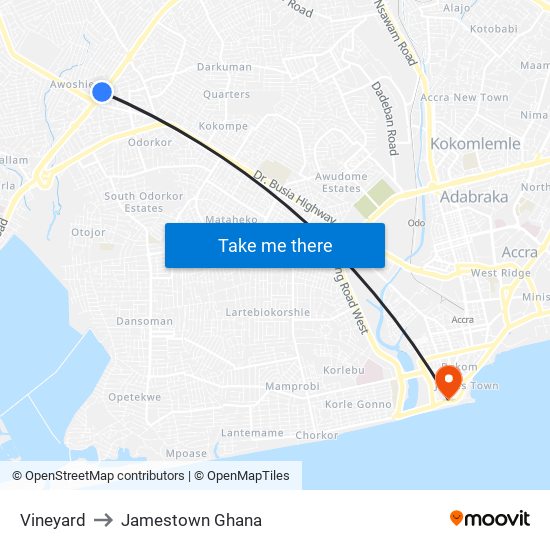 Vineyard to Jamestown Ghana map