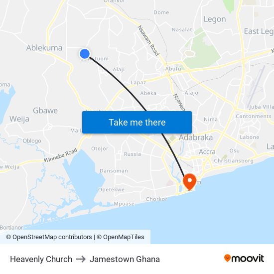 Heavenly Church to Jamestown Ghana map