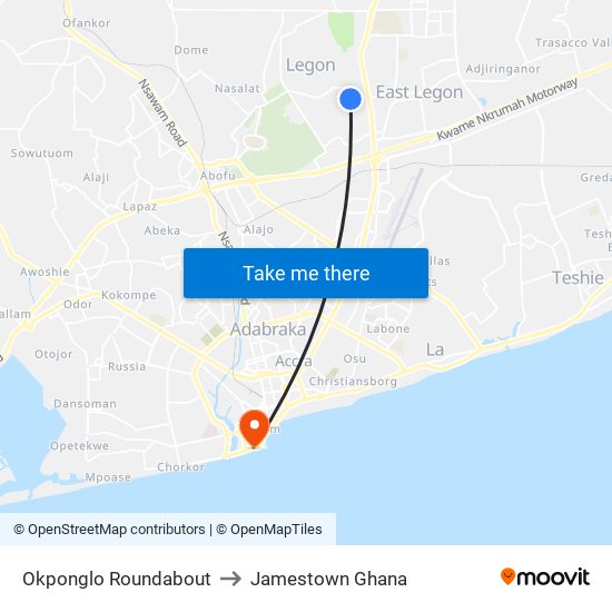 Okponglo Roundabout to Jamestown Ghana map