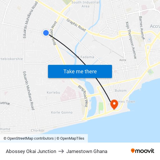 Abossey Okai Junction to Jamestown Ghana map