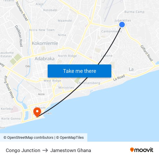 Congo Junction to Jamestown Ghana map
