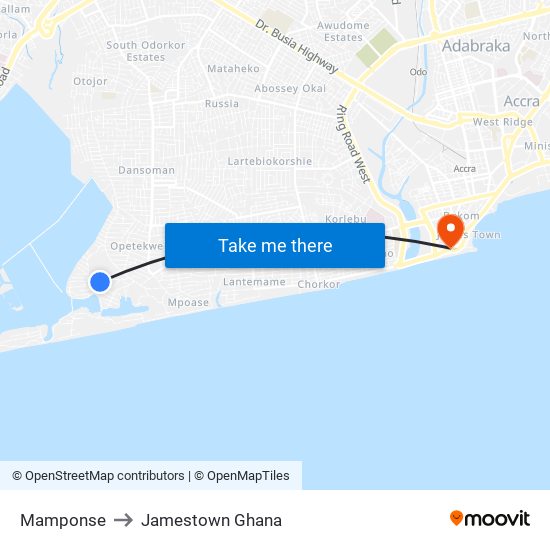 Mamponse to Jamestown Ghana map