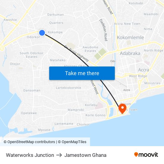 Waterworks Junction to Jamestown Ghana map