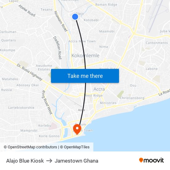 Alajo Blue Kiosk to Jamestown Ghana map