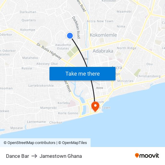 Dance Bar to Jamestown Ghana map