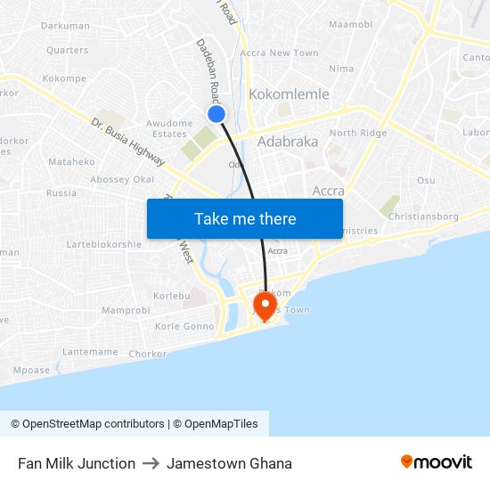 Fan Milk Junction to Jamestown Ghana map