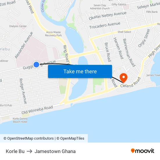 Korle Bu to Jamestown Ghana map