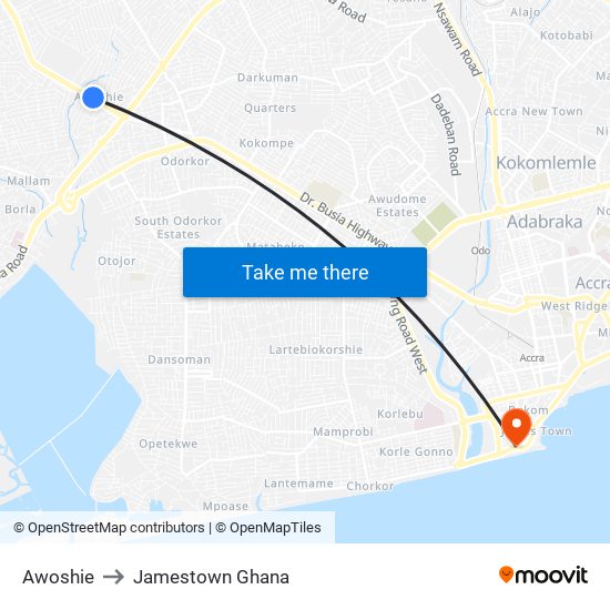 Awoshie to Jamestown Ghana map