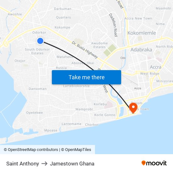 Saint Anthony to Jamestown Ghana map