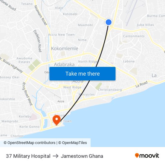 37 Military Hospital to Jamestown Ghana map