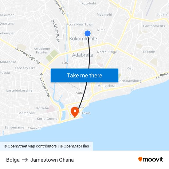 Bolga to Jamestown Ghana map