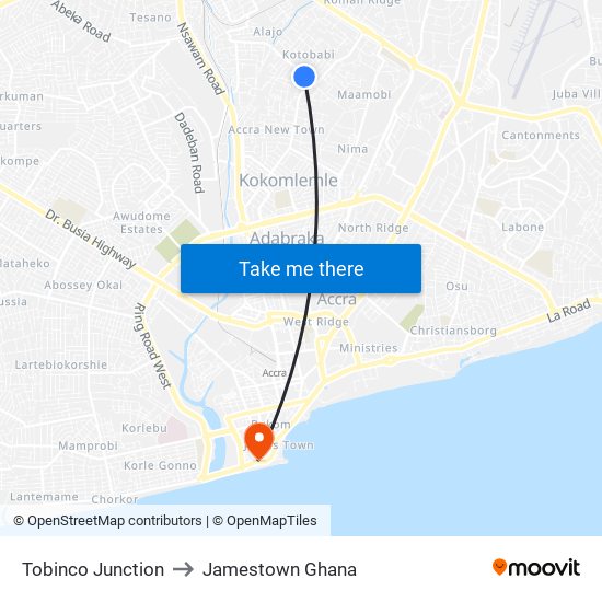 Tobinco Junction to Jamestown Ghana map