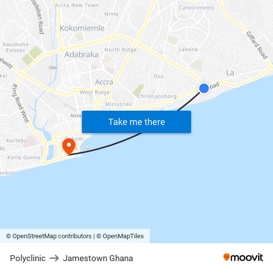 Polyclinic to Jamestown Ghana map