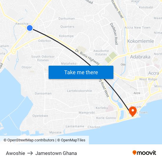 Awoshie to Jamestown Ghana map