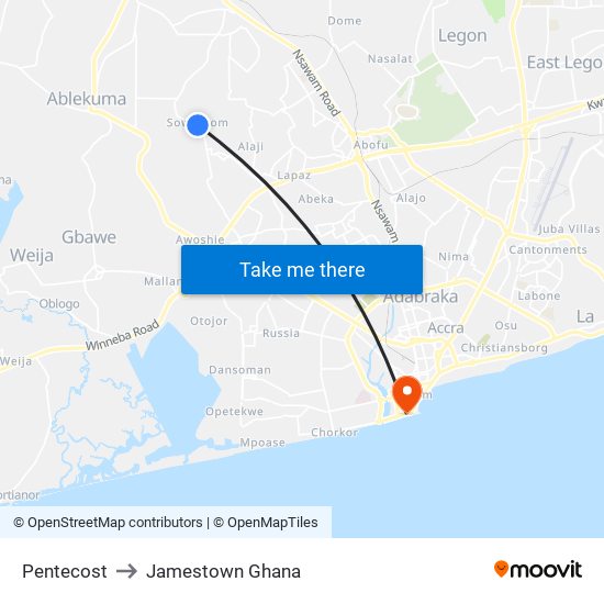 Pentecost to Jamestown Ghana map