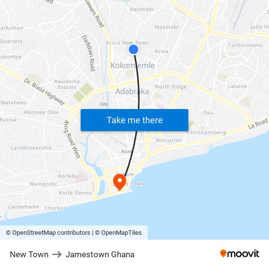 New Town to Jamestown Ghana map