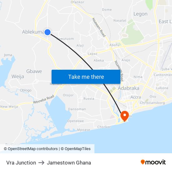 Vra Junction to Jamestown Ghana map