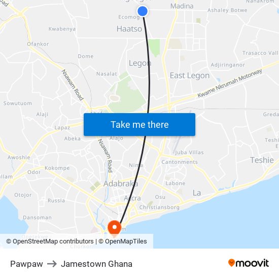 Pawpaw to Jamestown Ghana map