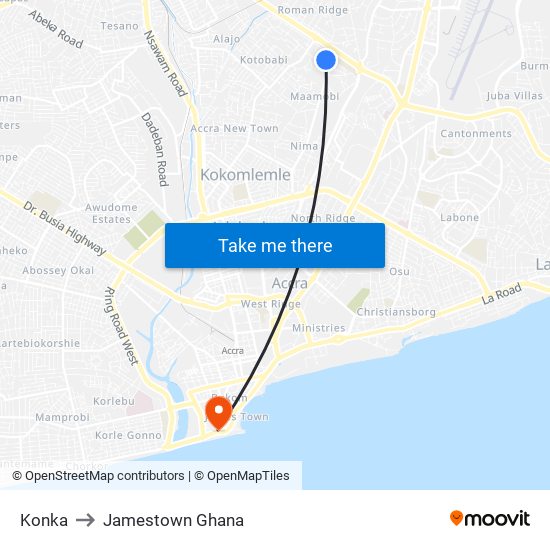 Konka to Jamestown Ghana map