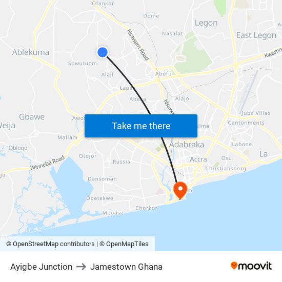 Ayigbe Junction to Jamestown Ghana map