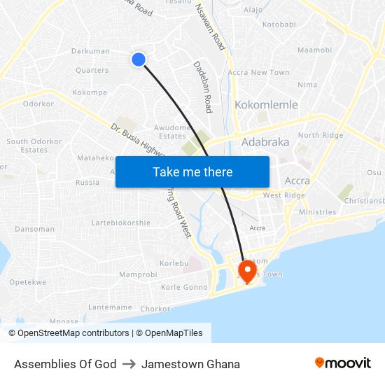 Assemblies Of God to Jamestown Ghana map