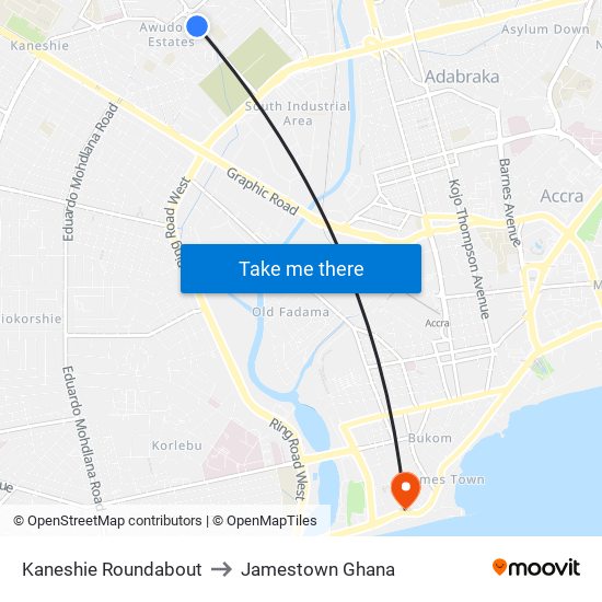 Kaneshie Roundabout to Jamestown Ghana map