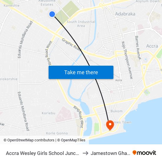 Accra Wesley Girls School Junction to Jamestown Ghana map