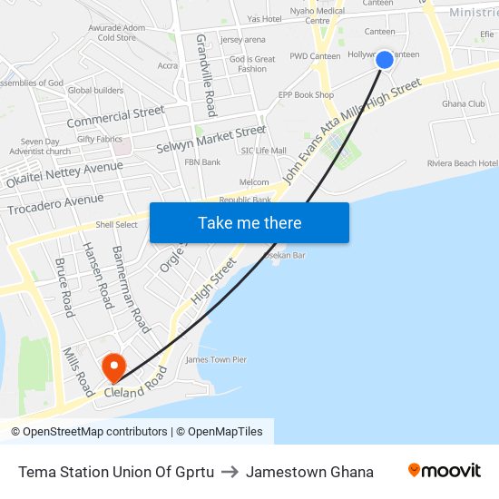 Tema Station Union Of Gprtu to Jamestown Ghana map