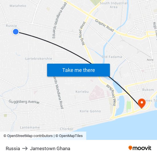 Russia to Jamestown Ghana map